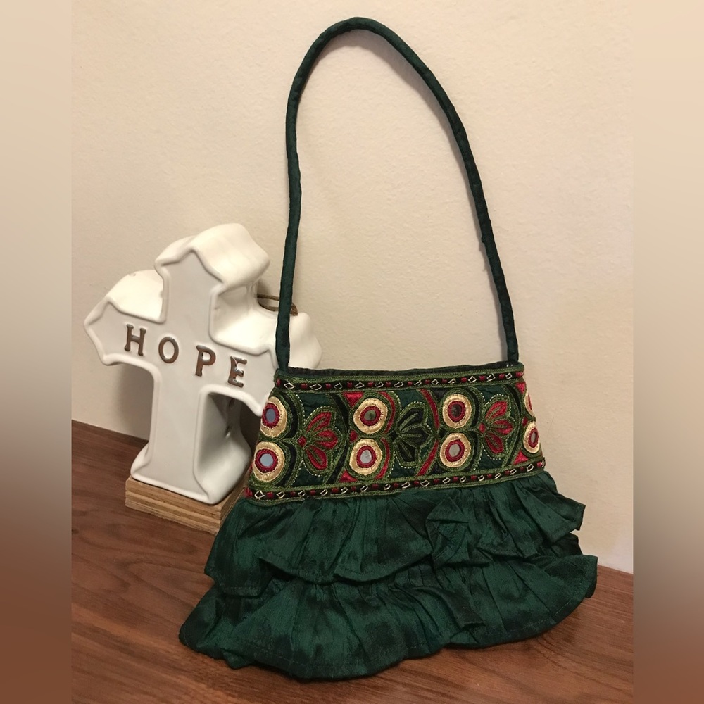small ruffle layered fabric handbag
